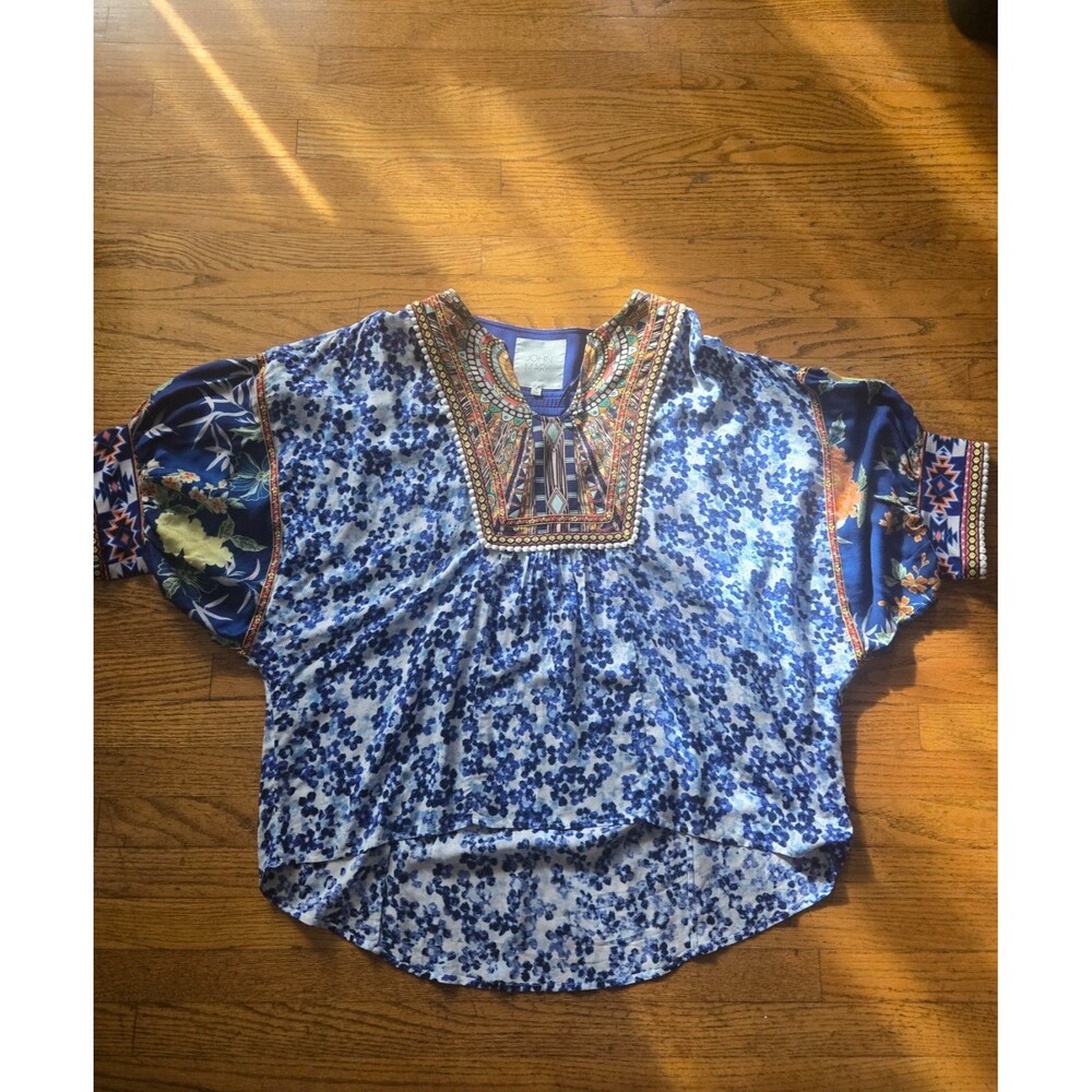 John Mark Womens Embroidered Floral Print Short Sleeve Tunic Blouse Size Small